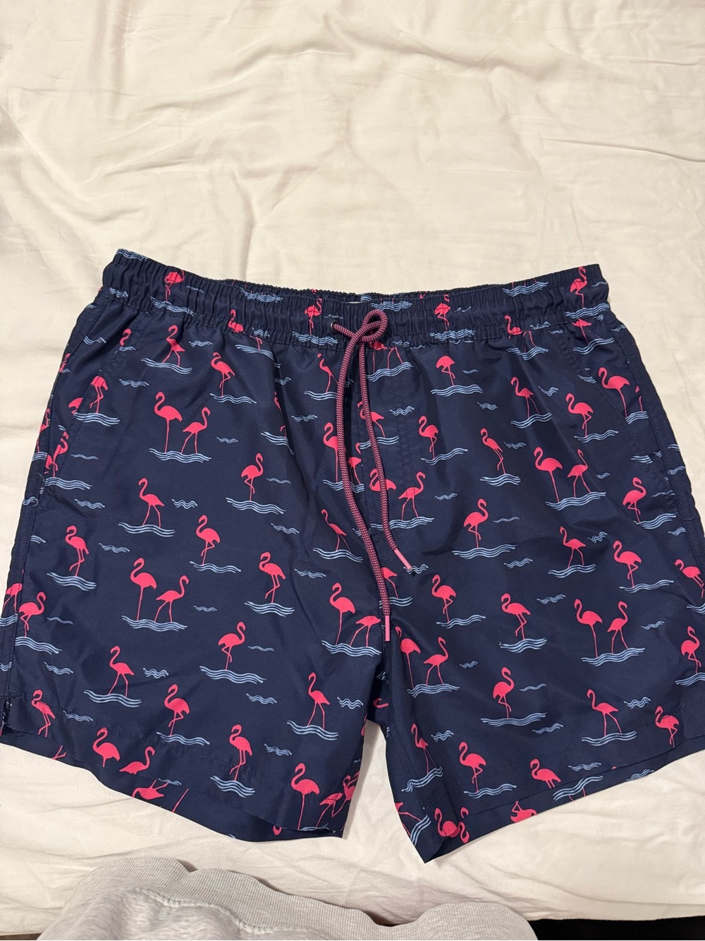 Navy Swim Trunks with Pink Flamingo Print